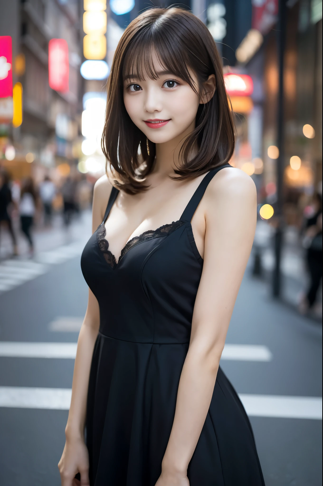 Tabletop, Highest quality, shape, Very detailed, finely, High resolution, 8k wallpaper, 完璧なダイナミックな構shape, finelyて美しい目, Wearing a black dress,Medium Hair,Natural color lip, smile,Harajuku、 Girl、cute、Looking into the camera、C Cup、Brown Hair、Blurred night New York background