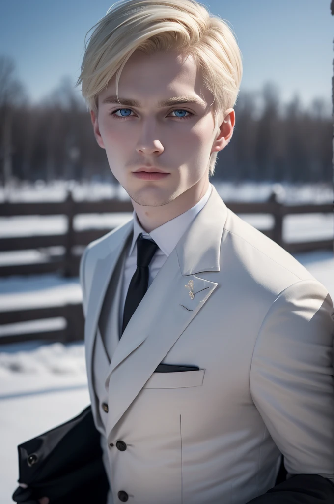 28 year old Russian man, with short blonde hair, pale skin and blue eyes. He is dressed in a mafia style, with a calm expression and a background showing a Russian winter scenery."