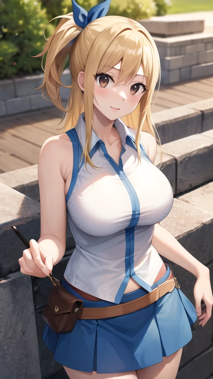 masterpiece, best quality, highres, lucy heartfilia, 1girl, solo, blonde hair, brown eyes, long hair, hair ribbon, large breasts, white shirt, sleeveless, belt, blue skirt, cowboy shot, standing, outdoors