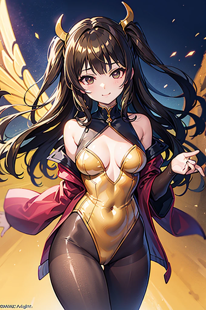 Highest quality　Highest quality　Draw a face carefully　High-definition anime-style face　Super Glowing Skin　Brown leotard　Golden pantyhose　Succubus　lure　smile　Soleをクローズアップ　Soleを見せる　Sole