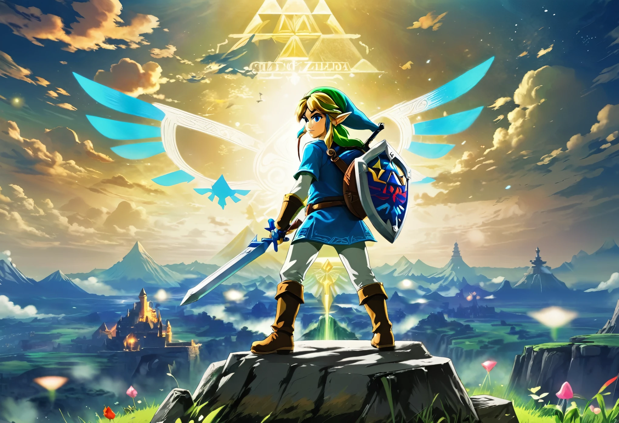 best quality, super fine, 16k, 2.5D, delicate and dynamic depiction, The Legend of Zelda, everything concentrated in one work, eye-catching effects, beautiful and clear work, just like the photo