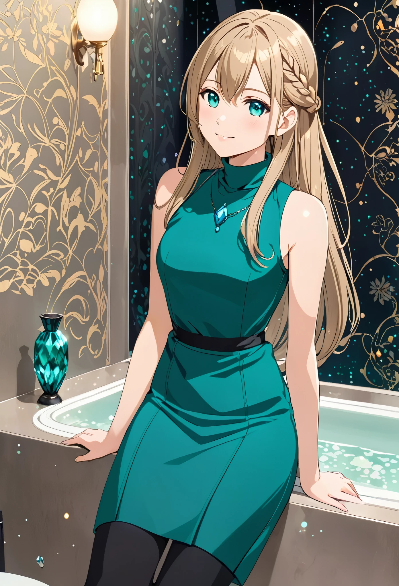  solo, 1, tall, old figure, (straight hair with braid end (dark blonde)), beautiful face, (close mouth:1.2), smiling softly, small breast flat, teal colored crystal themed sleeveless mock-neck dress, black leggings pants and skirts overlay, bathromm, anime style