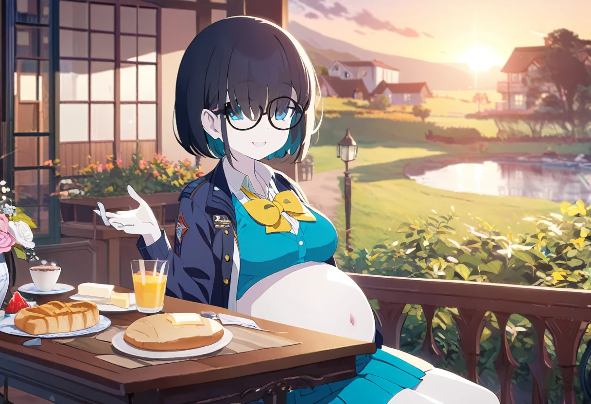 1girl, , turquoise vest, collared shirt, yellow bowtie, open jacket, blue skirt, black-framed eyewear, pleated skirt, black hair, turquoise bangs, very short hair, hair over eyes, pale skin, medium breasts, turquoise eye, smile, country house, big belly, dawn, breakfast, bread and butter, fruits, table, (masterpiece), best quality, anime style, full body