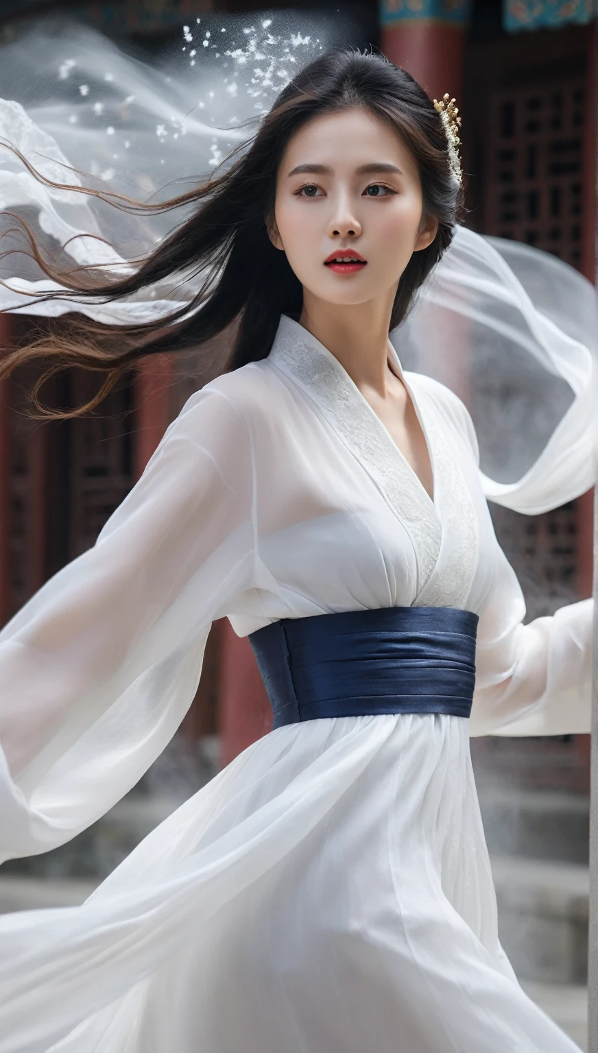 beautiful Korean woman, (((Mikamaria))), (motion blur:1.3), abnormally stunning beautiful face, black and white close-up,woman in intricate pure white hanbok dress, Flying in the air like a Chinese movie ,spinning frantically, translucent tingling air particles on dress hem,in ancient china, professional fashion photography,UHD, 4k, 8k