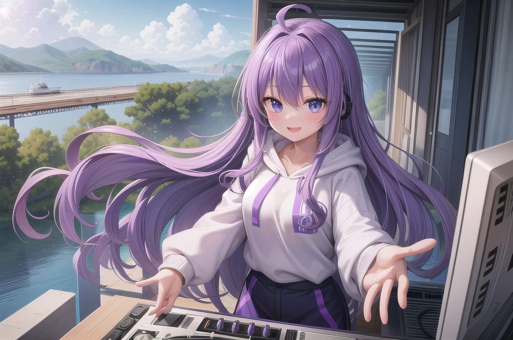 One girl, alone, 20-year-old, Blue Eyes, Purple Hair, Long, beautiful wavy hair, Ahoge, nice smile, White hoodie, Spectacular views, D Cup, Godley, headphone, Detailed DJ equipment, djing, masterpiece, Uplifting, Fine Fingers, 最high quality:1.4, high quality, detailed