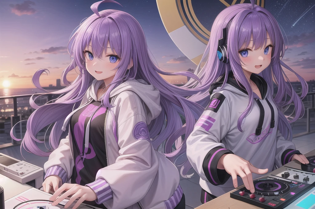 One girl, alone, 20-year-old, Blue Eyes, Purple Hair, Long, beautiful wavy hair, Ahoge, nice smile, White hoodie, Spectacular views, D Cup, Godley, headphone, Detailed DJ equipment, djing, masterpiece, Uplifting, Fine Fingers, 最high quality:1.4, high quality, detailed
