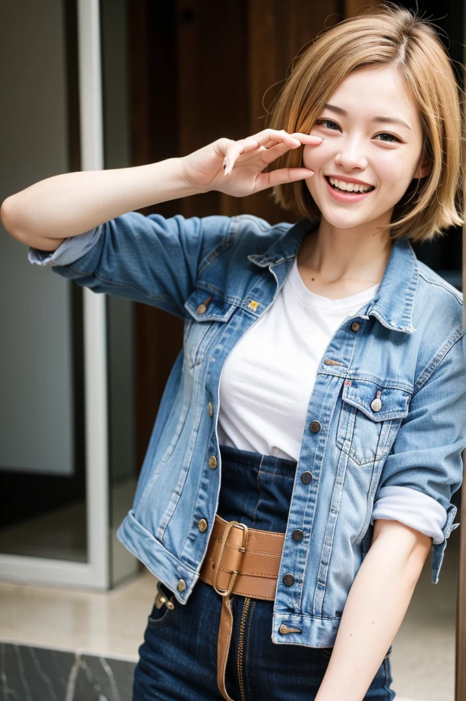 Top quality, 1 beautiful woman, super short hair, blonde hair, Denim Jacket , Big Laugh, Sunlight