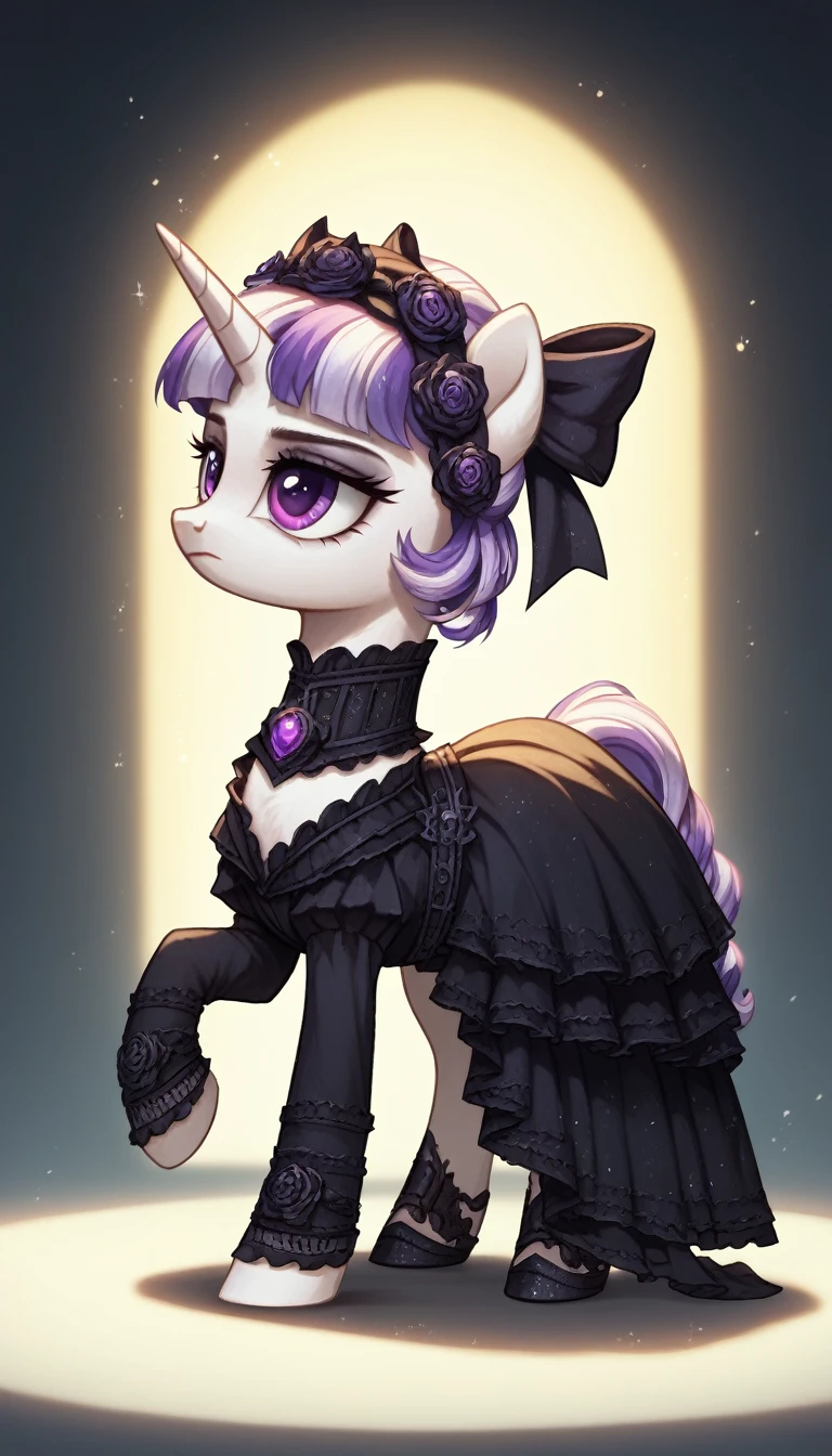 score_9,score_8_up,score_7_up,score_6_up, filly, female, unicorn, white fur, violet eyes, Gothic pony, ta fashion, glowing backlight, fashion show, catealk scene, glitter, whimsical, enchanted, magical, fantasy art concept, intricate details,