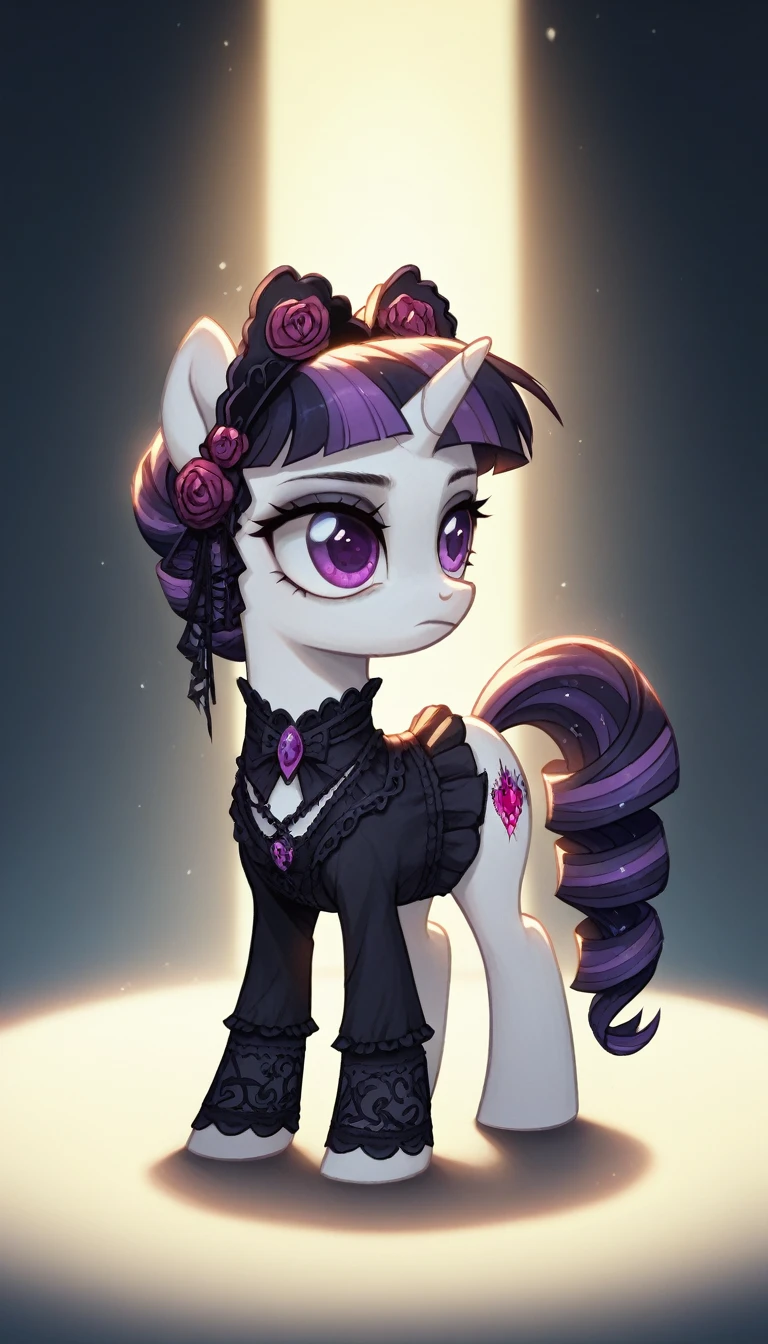 score_9,score_8_up,score_7_up,score_6_up, filly, female, unicorn, white fur, violet eyes, Gothic pony, lolita fashion, glowing backlight, fashion show, catealk scene, glitter, whimsical, enchanted, magical, fantasy art concept, intricate details,