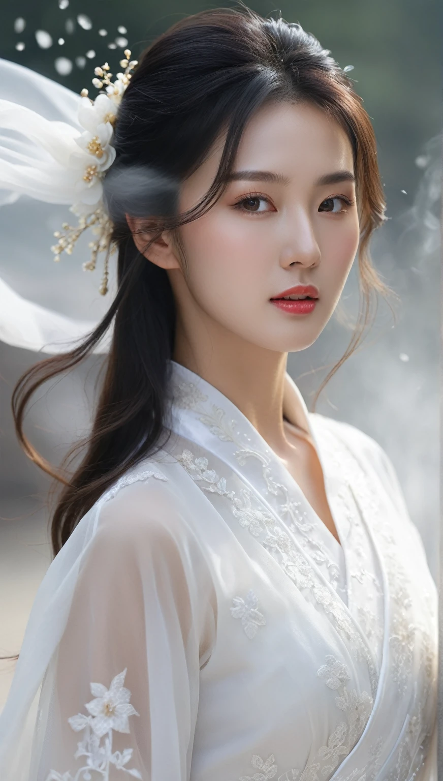 beautiful Korean woman, (((Mikamaria))), (motion blur:1.3), abnormally stunning beautiful face, black and white close-up,woman in intricate pure white hanbok dress, spinning frantically, translucent tingling air particles on dress hem, in ancient china, professional fashion photography,UHD, 4k, 8k