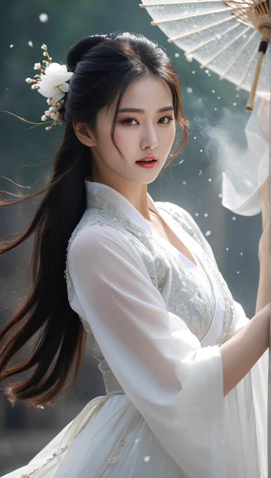 beautiful Korean woman, (((Mikamaria))), (motion blur:1.3), abnormally stunning beautiful face, black and white close-up,woman in intricate pure white hanbok dress, spinning frantically, translucent tingling air particles on dress hem, in ancient china, professional fashion photography,UHD, 4k, 8k