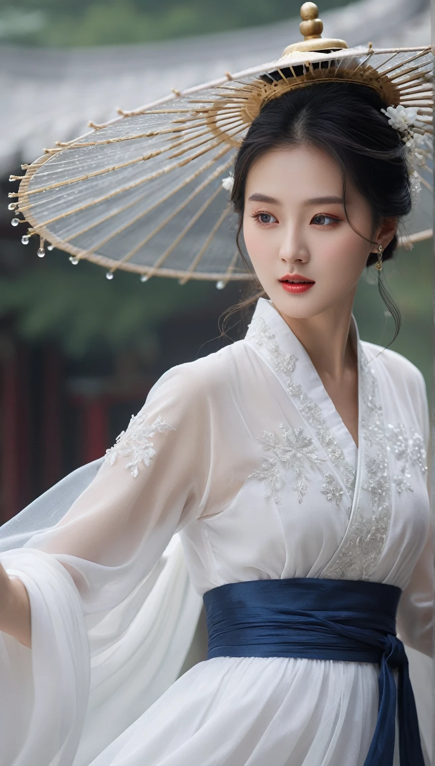 beautiful Korean woman, (((Mikamaria))), (motion blur:1.3), abnormally stunning beautiful face, black and white close-up,woman in intricate pure white hanbok dress, spinning frantically, translucent tingling air particles on dress hem, in ancient china, professional fashion photography,UHD, 4k, 8k