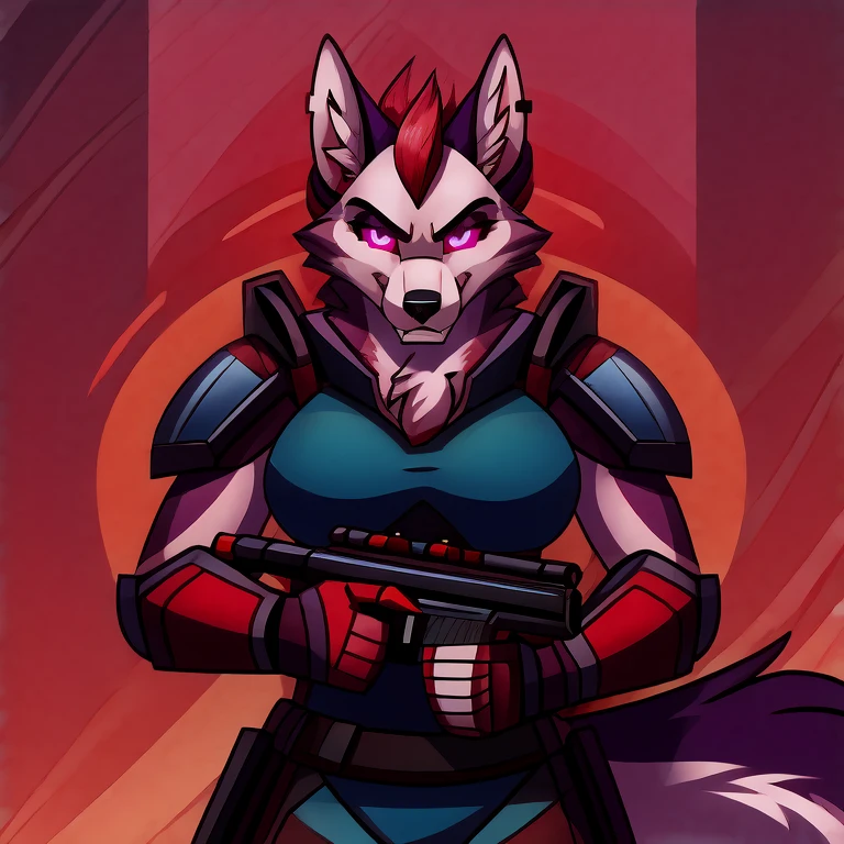 (masterpiece, best quality: 1.2), Vortex Hellhound, a bodyguard, wolf, furry, brown fur, an amazing boss, hypnotized with glowing purple eyes, serious and angry face, wearing futuristic armor, and a female hellhound, white fur, angry serious face, wearing futuristic armor, using a Pulse Rifle, Energy Rifle, Futuristic assault rifle, itroops formed in rows like soldiers aerial view, hell streets background