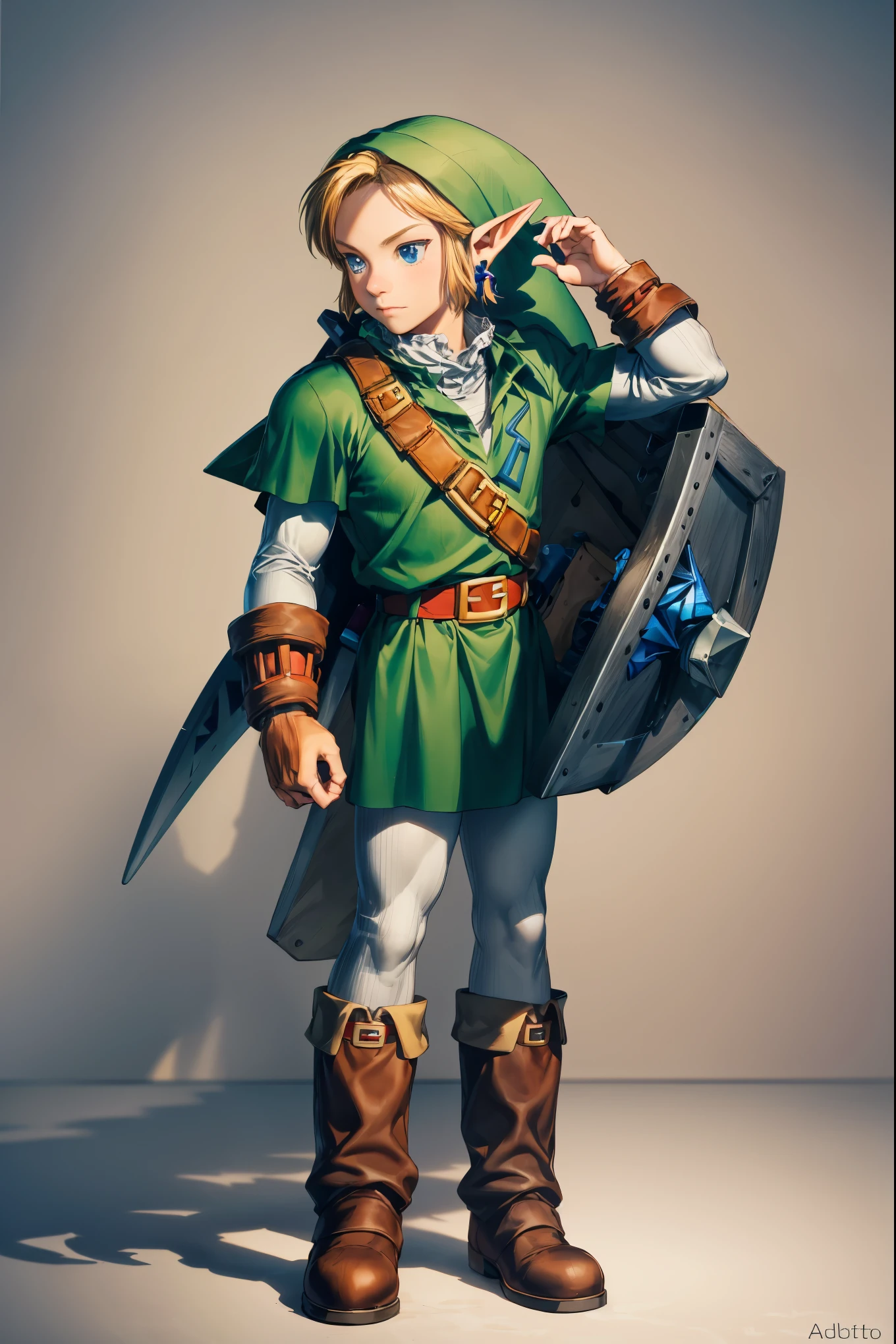 (full body shot, standing, dynamic poses:1.3), realist, (Masterpiece, Superior quality, Best Quality, Official Arts,), Very detailed, more detailed, (1 elfo adulto The Legend of Zelda:1.5), gods, by rubio, Mysterious, Handsome man, green hood, Brown boots, leather belt,((Zelda style)), Meadow:1.3, Shepherds, pale green clothing, decorations on clothes, individual braids,