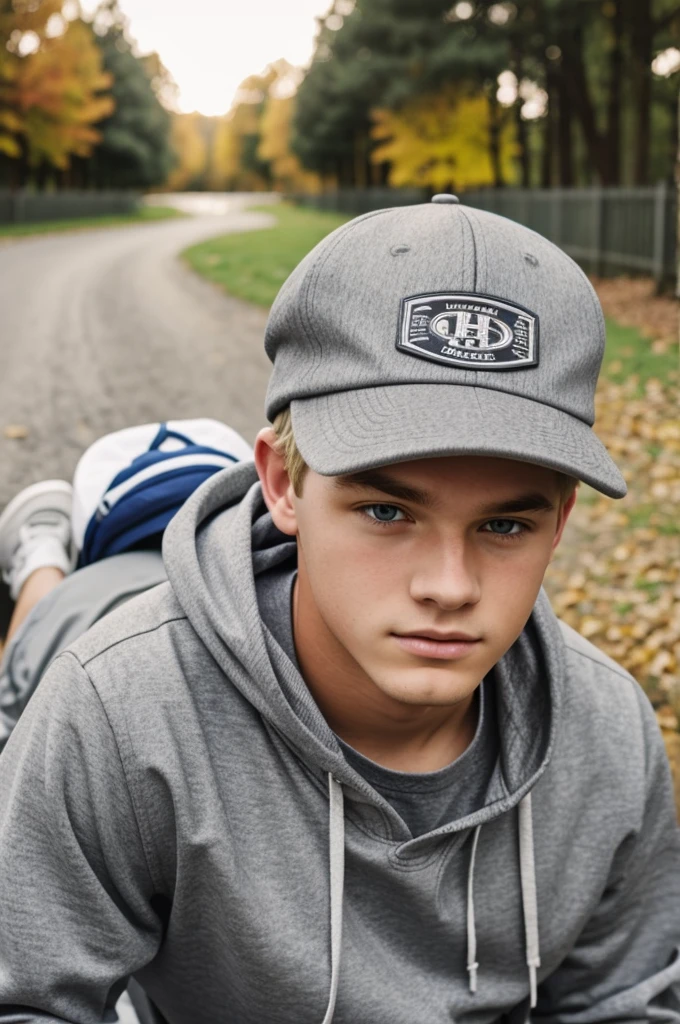 Blonde teenager on his back with a gray sweatshirt and hat on
