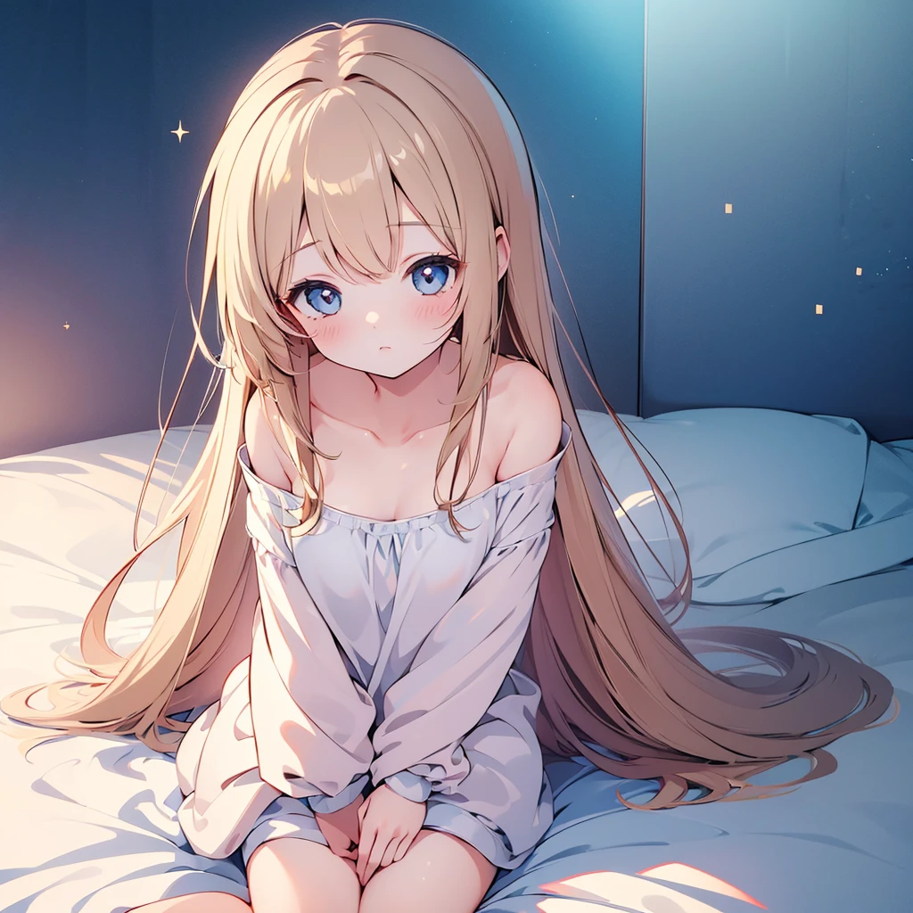 ((masterpiece)), ((Best Quality)), (Ultra-detailed), Anime style, 8k , Cute , 1girl in, Solo, light hair, sitting on the bed, bare shoulder, shy girl , hug a teddy bear