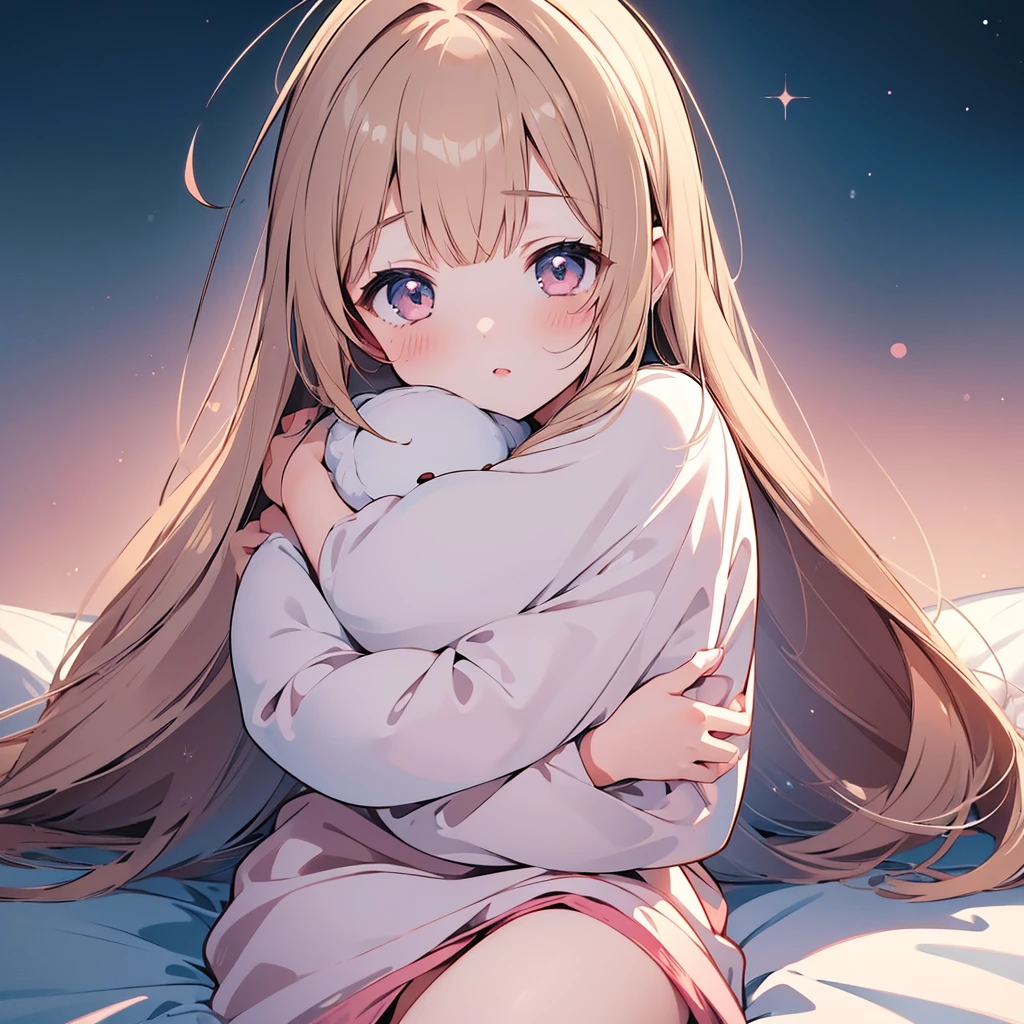 ((masterpiece)), ((Best Quality)), (Ultra-detailed), Anime style, 8k , Cute , 1girl in, Solo, light hair, sitting on the bed, bare shoulder, shy girl , hug a teddy bear 
