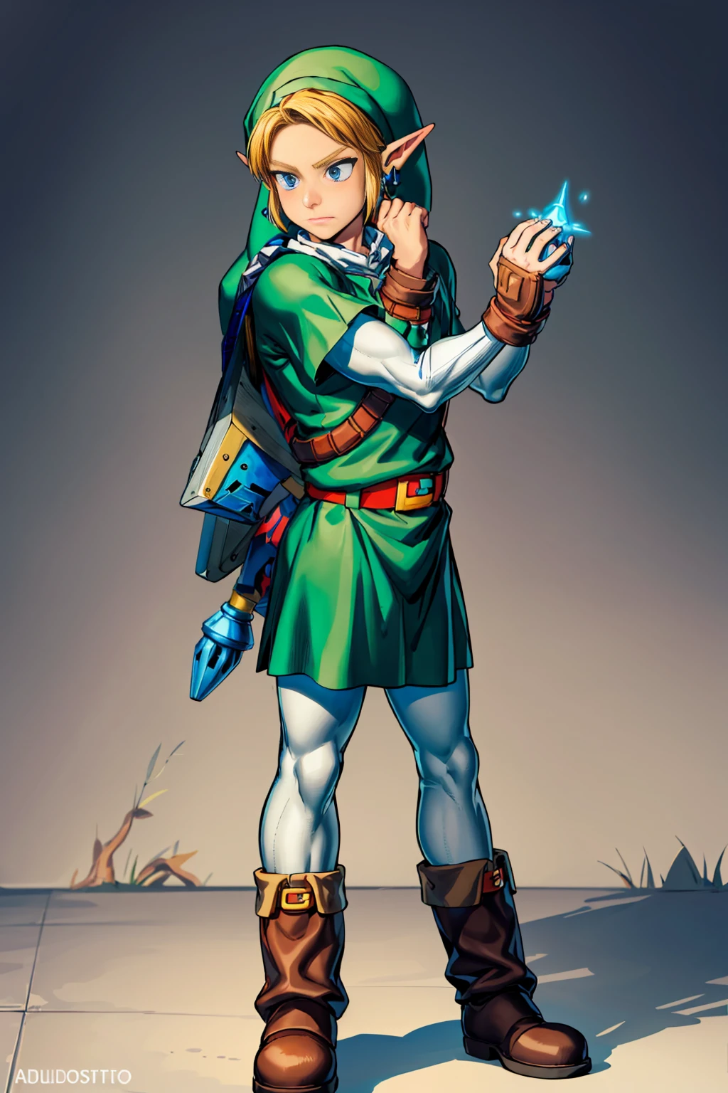 (full body shot, standing, dynamic poses:1.3), realist, (Masterpiece, Superior quality, Best Quality, Official Arts,), Very detailed, more detailed, (1 elfo adulto The Legend of Zelda:1.5), gods, by rubio, Mysterious, Handsome man, green hood, Brown boots, leather belt,((Zelda style)), Meadow:1.3, Shepherds, pale green clothing, decorations on clothes, individual braids,