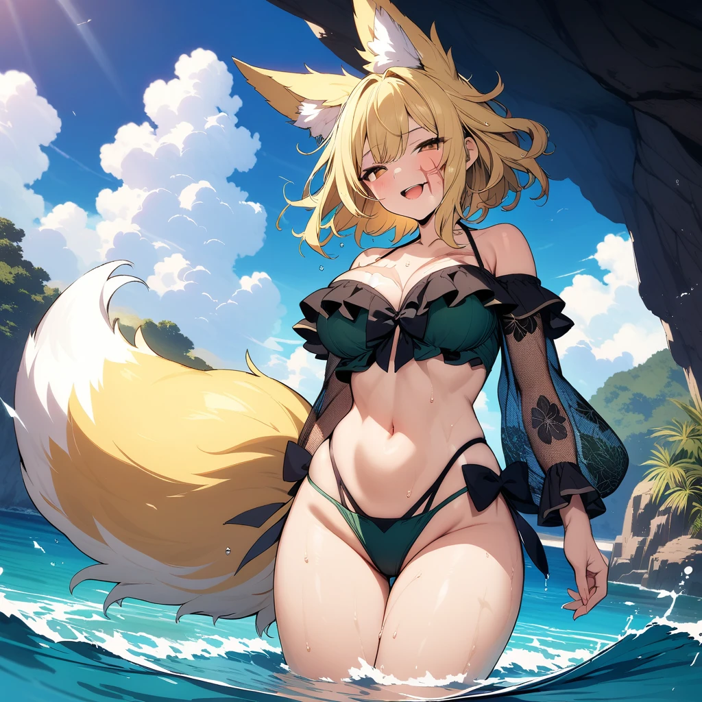 (masterpiece,best quality,very aesthetic,ultra-detailed),high saturation,official art,nsfw,solo,1girl,30yo,curvy,large breasts,tall,stout build,bewitching,(blonde fox ears),(a fox tail),(blonde hair,short hair,messy hair),disheveled hair,(brown eyes),half closed eyes,beautiful face,bare legs,comfortable,open mouth,enjoyable,(smirk:0.8),wet,(tropical atmosphere,floral pattern dark green layered highleg bikini with long ruffled off-shoulder tropical pattern sleeves and a black bow in the center.The bikini features strappy details on the bottom piece),(Layers of elegant see-through sundress over bikini),(scar on breasts,scar on cheek:1.2),ocean,Clear seawater,summer sky,cowboy shot,wading,Cave by the Sea,wind