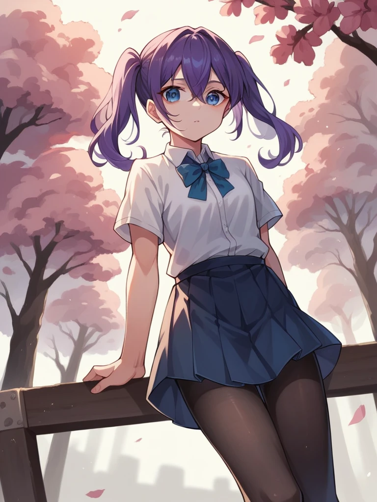 blue eye, red eye, sharp eyes, pointed eyes, purple hair, hair between eyes, curly twintails, masterpiece, sharp focus, best quality, cinematic lighting,blue eyes, hair between eyes,perfect face, legs thick, white short-sleeved shirt, short school skirt, black pantyhose, looking around, cherry blossom tree