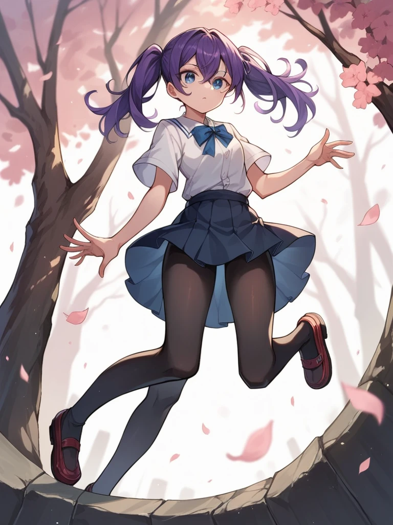 blue eye, red eye, sharp eyes, pointed eyes, purple hair, hair between eyes, curly twintails, masterpiece, sharp focus, best quality, cinematic lighting,blue eyes, hair between eyes,perfect face, legs thick, white short-sleeved shirt, short school skirt, black pantyhose, looking around, cherry blossom tree