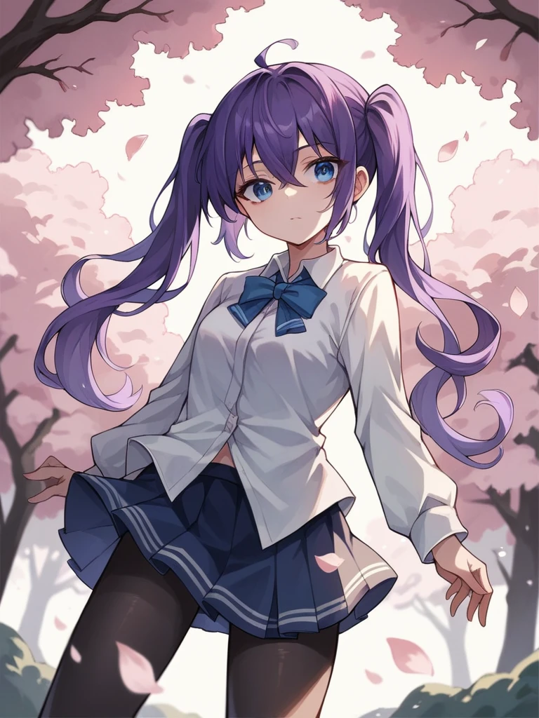 blue eye, red eye, sharp eyes, pointed eyes, purple hair, hair between eyes, curly twintails, masterpiece, sharp focus, best quality, cinematic lighting,blue eyes, hair between eyes,perfect face, legs thick, white short-sleeved shirt, short school skirt, black pantyhose, looking around, cherry blossom tree