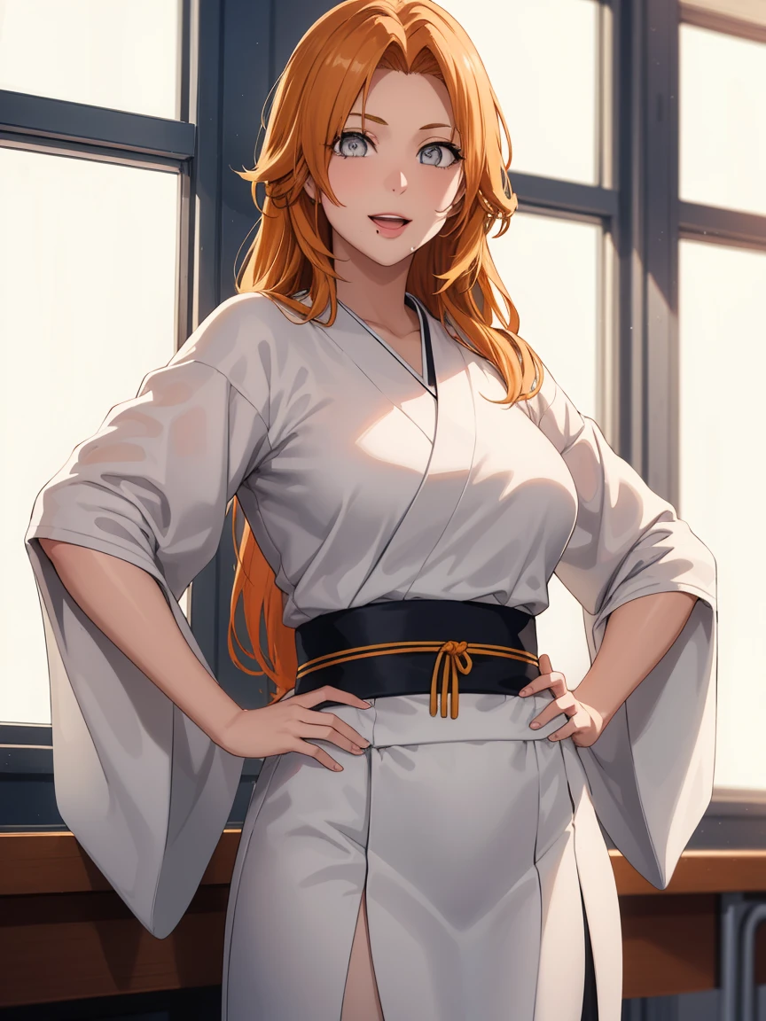 1women,milf, rangikumatsumoto, rangiku matsumoto, long hair, (grey eyes:1.5), orange hair, mole, mole under mouth, parted bangs, open mouth, smile,
BREAK wearing White_kimono,
BREAK indoors, classroom,
BREAK looking at viewer, (cowboy shot:1.5),standing,pose, hand on hip,
BREAK (masterpiece:1.2), best quality, high resolution, unity 8k wallpaper,NSFW ,(illustration:0.8), (beautiful detailed eyes:1.6), extremely detailed face, perfect lighting, extremely detailed CG, (perfect hands, perfect anatomy),