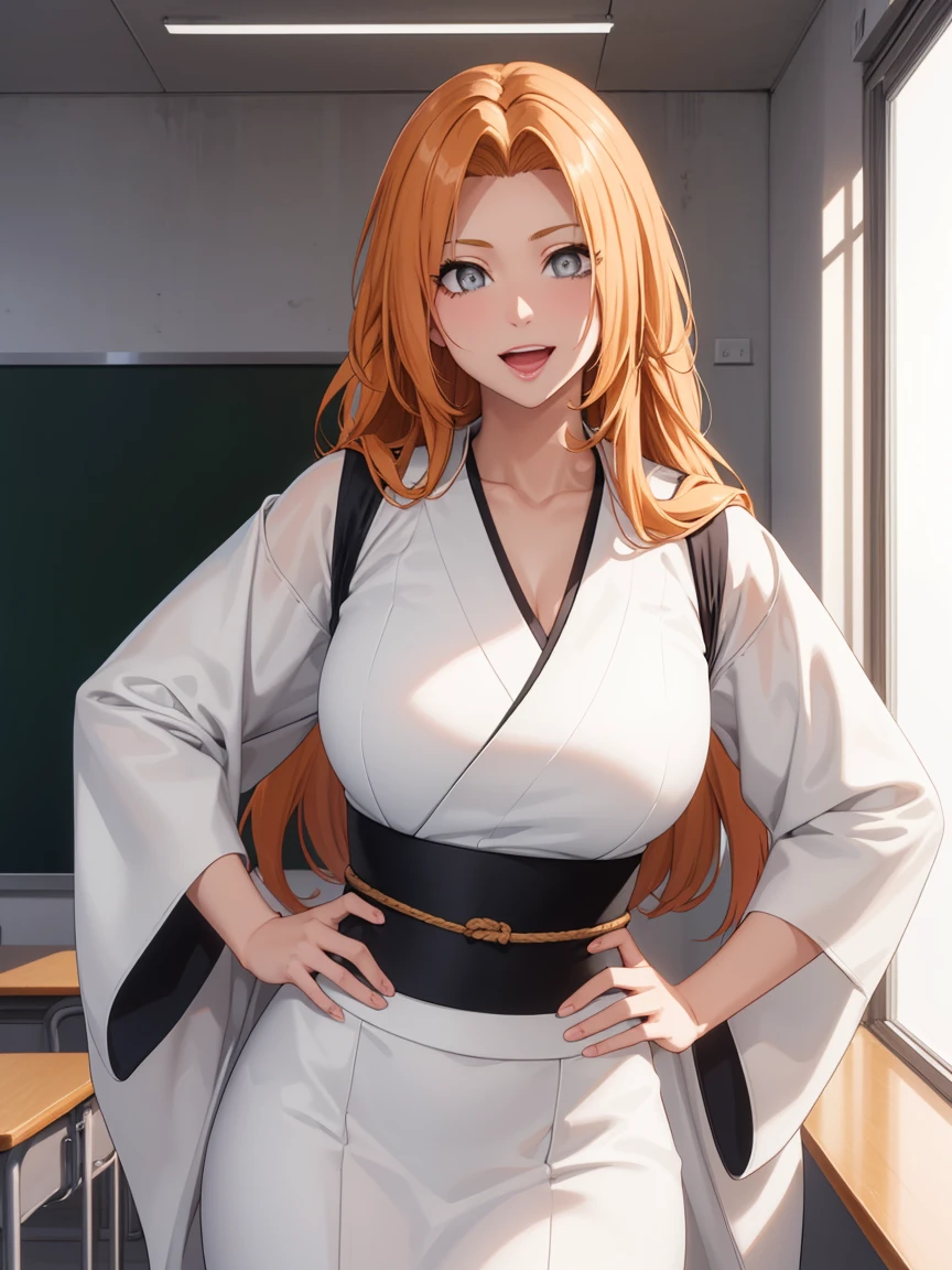 1women,milf, rangikumatsumoto, rangiku matsumoto, long hair, (grey eyes:1.5), orange hair, mole, mole under mouth, parted bangs, open mouth, smile,
BREAK wearing White_kimono,
BREAK indoors, classroom,
BREAK looking at viewer, (cowboy shot:1.5),standing,pose, hand on hip,
BREAK (masterpiece:1.2), best quality, high resolution, unity 8k wallpaper,NSFW ,(illustration:0.8), (beautiful detailed eyes:1.6), extremely detailed face, perfect lighting, extremely detailed CG, (perfect hands, perfect anatomy),