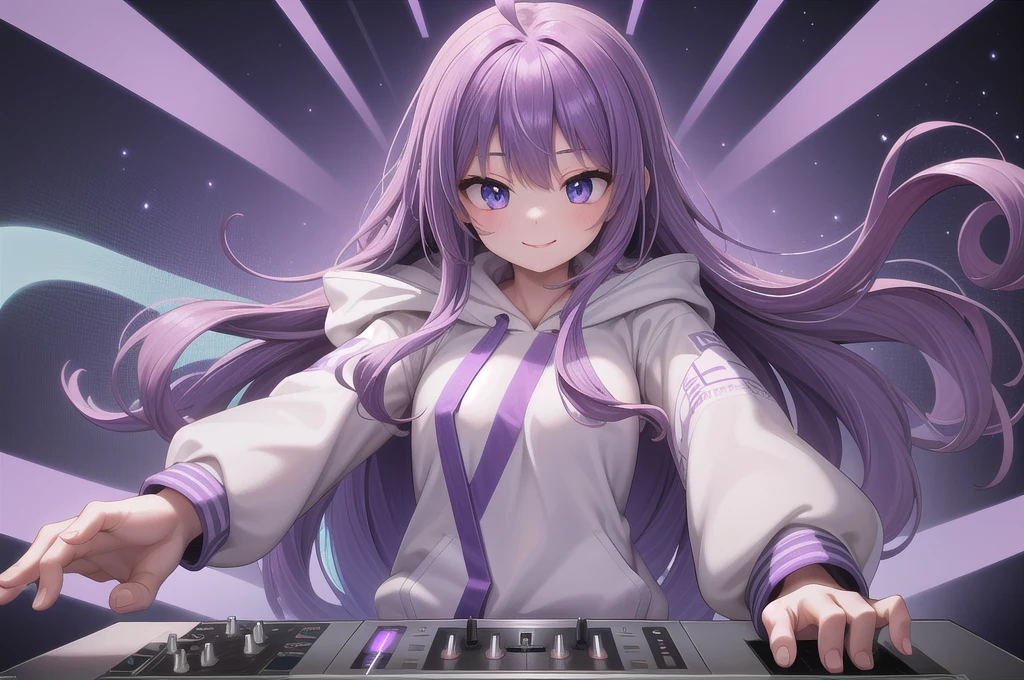 One girl, alone, 20-year-old, Blue Eyes, Purple Hair, Long, beautiful wavy hair, Ahoge, nice smile, White hoodie, Spectacular views, D Cup, Godley, headphone, Detailed DJ equipment, djing, masterpiece, Uplifting, Fine Fingers, 最high quality:1.4, high quality, detailed