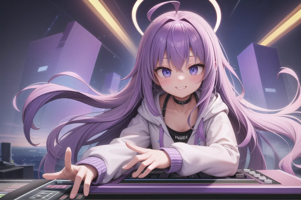 One girl, alone, 20-year-old, Blue Eyes, Purple Hair, Long, beautiful wavy hair, Ahoge, nice smile, White hoodie, Spectacular views, D Cup, Godley, headphone, Detailed DJ equipment, djing, masterpiece, Uplifting, Fine Fingers, 最high quality:1.4, high quality, detailed