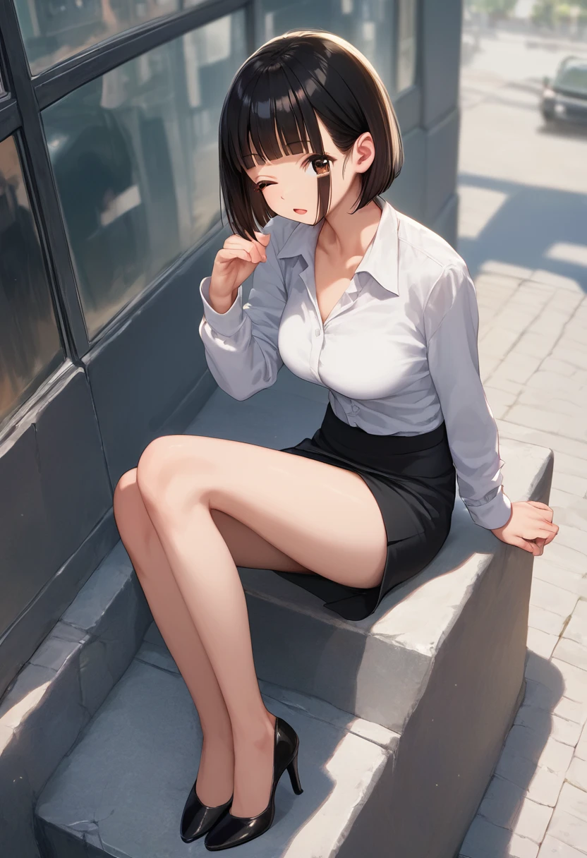 score_9,score_8_up,score_7_up,masterpiece,best quality, source anime, realistic, super detailed, extreme detailed, rating_safe,
1girl, sitting, yokozuwari, hand to forehead, full body, from above,
BREAK girl, 22yo, short hair, bob cut, (blunt bangs), black hair, (tareme, detailed cute brown eyes), curled eyelashes, (large breasts:0.9),
shiny hair, beautiful detailed eyes, beautiful face,
slender, small ass, slim legs,
white collared shirt, black tight mini skirt, High heels with broken heels,
(one eye closed), painful, open mouth,
outdoors, city, street,