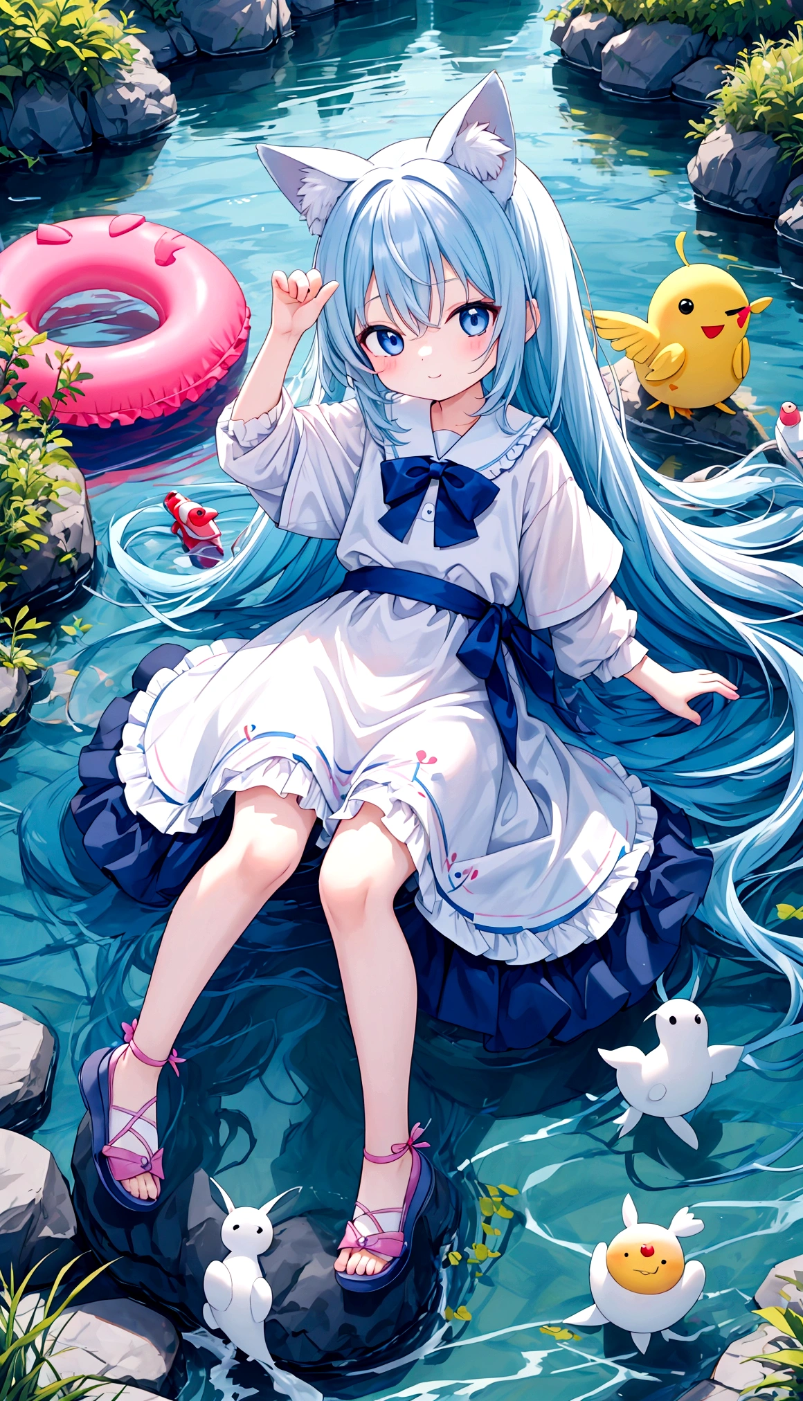 Funny, comical, , , todler, river background, (Playful), toys, illustration, A high resolution, Vibrant colors, Soft lighting, Random actions,Wear randomly,Random angles,(Exquisitehands:1.5)(Perfect body proportion:1.5)(More refined anime eyes:1.5)long hair,random hair style