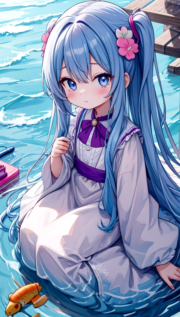 Funny, comical, , 5 years old, todler, river background, (Playful), toys, illustration, A high resolution, Vibrant colors, Soft lighting, Random actions，Wear randomly，Random angles,（Exquisitehands:1.5)（Perfect body proportion:1.5）（More refined anime eyes:1.5）long hair，random hair style