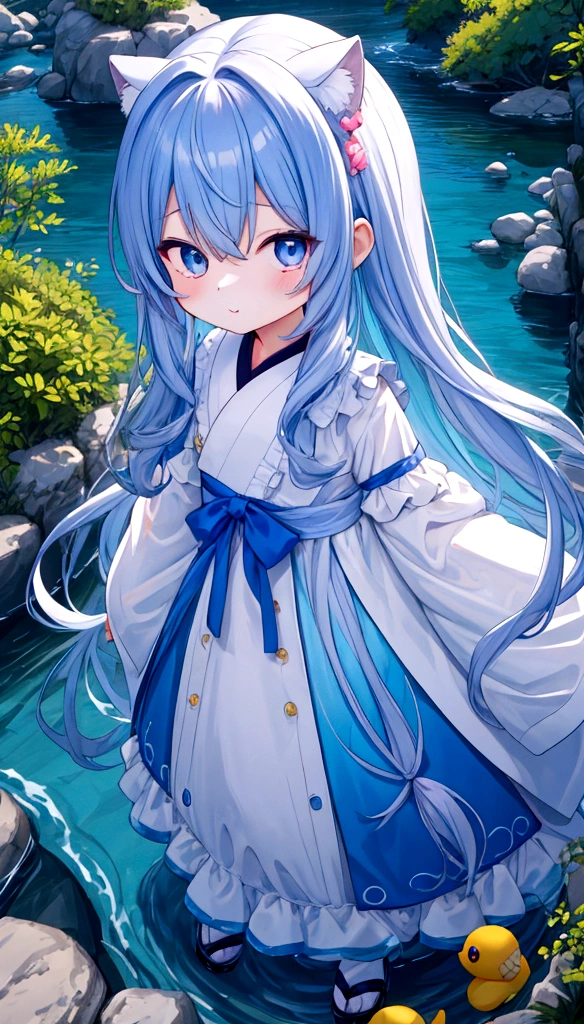 Funny, comical, , 5 years old, todler, river background, (Playful), toys, illustration, A high resolution, Vibrant colors, Soft lighting, Random actions，Wear randomly，Random angles,（Exquisitehands:1.5)（Perfect body proportion:1.5）（More refined anime eyes:1.5）long hair，random hair style