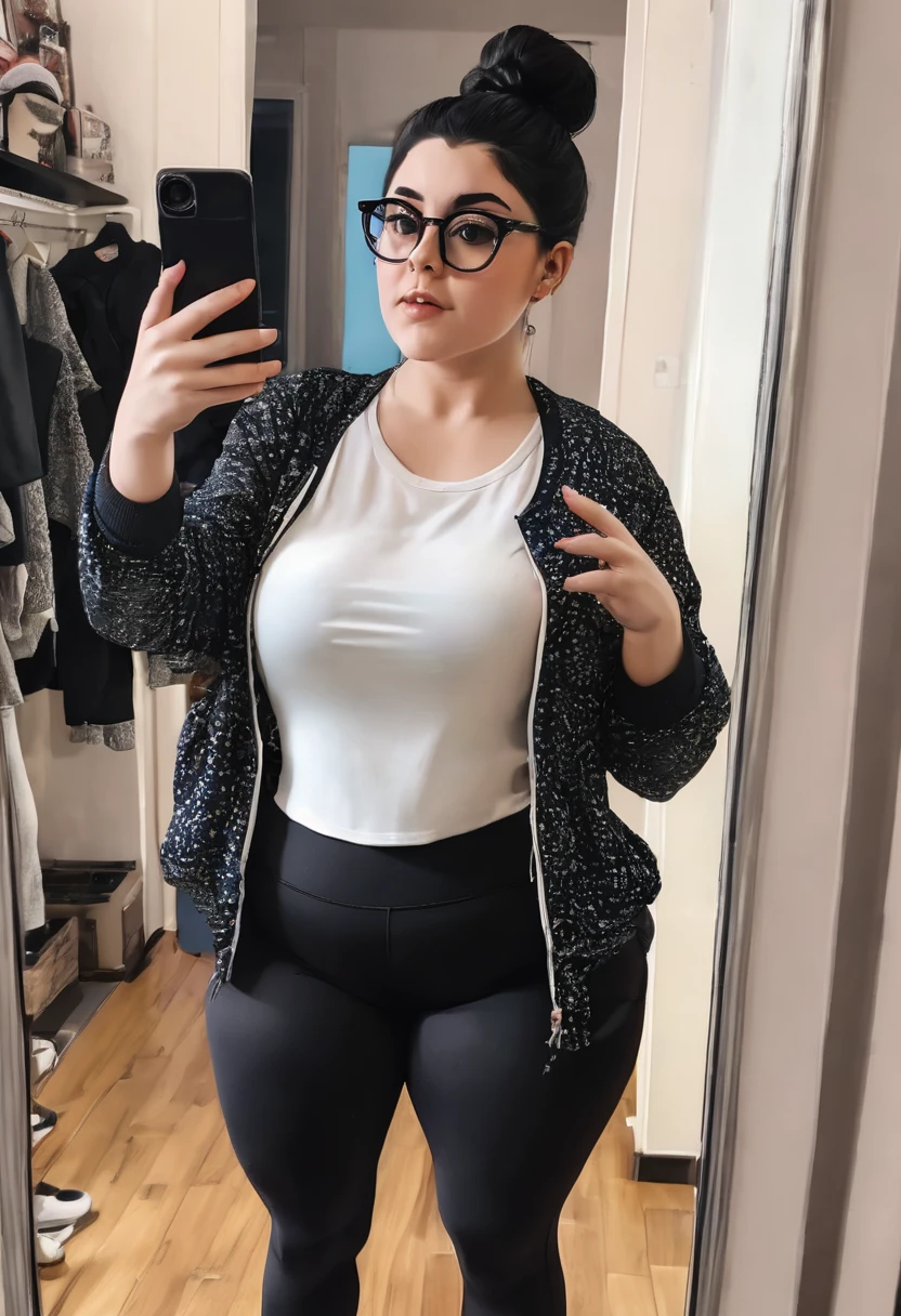 woman taking selfie in front of mirror, naked tits covered in cum, ,classic atmosphere, inspired by Olivia Peguero, sexy look,