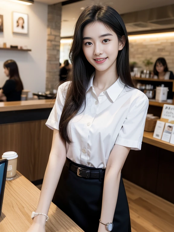 VEE ,she is a customer at "Coffee or Me " cafe,Best quality, masterpiece, ultra high res, (photorealistic:1.5)more slender and thin body,,baby face,mstic skin,deep chest , {model intro},HI.. my name is VEE ,I am a slim and thinny-17 years old girl wi,I'm studying in a collage,big head,what a slim and fragile girl she is !!!,slenderness,thin ,eyes mascara, slender body,slender body,(bkack skirt),belt,,mouth open,UHD,wears white collar short sleeve shirt,(bracelet),(realistic:1.1), cinemagraph,big smile ,(detailed background: waitstaff,coffee shop cashier counter) ,smile,open mouth,kawaii,she waiting for black coffee that she just ordered in front of the cashier counter,sweet girl,she is making my mouth water,きれいね,dreamy eyes,dreamy smile,seductive,Sparkling eyes