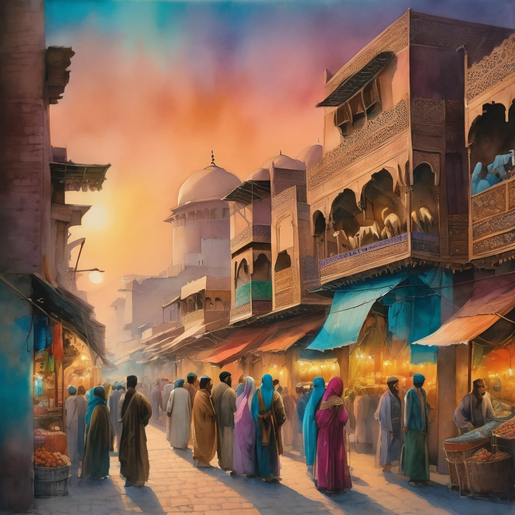 landscape, captivating cinematic watercolor painting, of persian silk merchants outside Antoquia, camels, people in a street market, at dusk, under a rose and teal sky. Silk spice and ivory merchants gather in the street offering luxury products, masterpiece, vivid colors, warm lighting, detailed architecture, intricate patterns, ornate fabrics, bustling crowd, atmospheric haze, blue hour, top view,