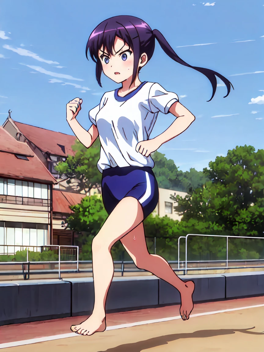 Full body view,,The characters are、Please leave them alone.,A girl with a tired expression、Let me dash around the schoolyard,A girl running alone,gym shirts,Highest quality,,1990s anime style,White shirt and blue bloomers,Angry expression,barefoot,The girl is sweating、Running with a tired look,