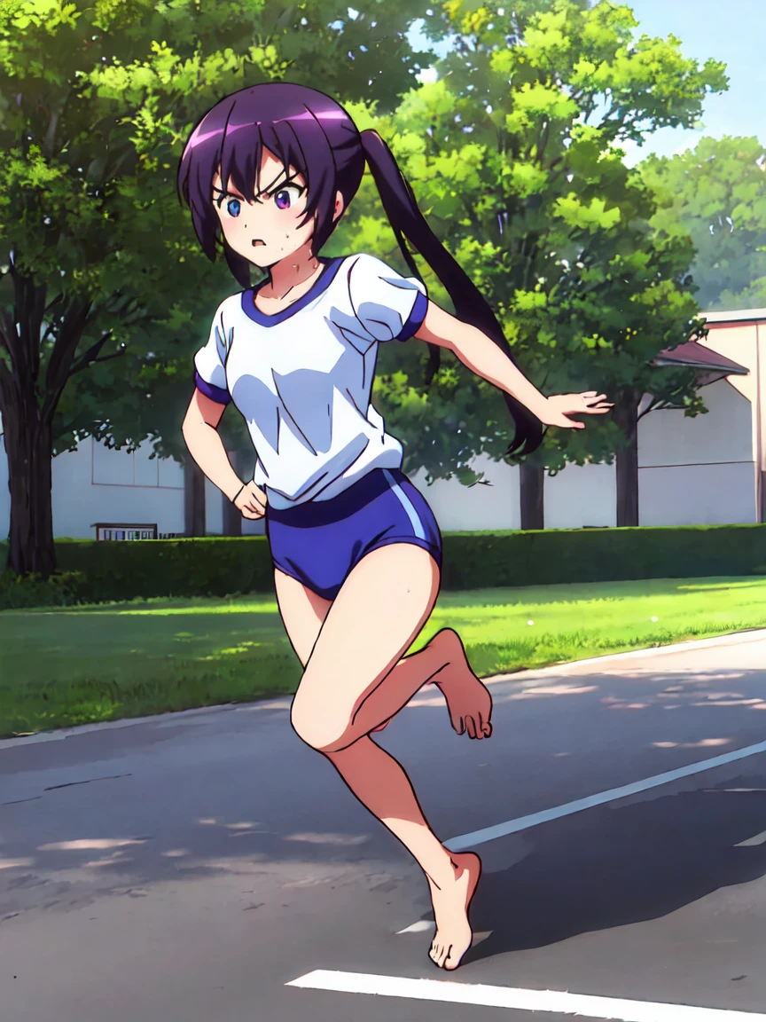 Full body view,,The characters are、Please leave them alone.,A girl with a tired expression、Let me dash around the schoolyard,A girl running alone,gym shirts,Highest quality,,1990s anime style,White shirt and blue bloomers,Angry expression,barefoot,The girl is sweating、Running with a tired look,