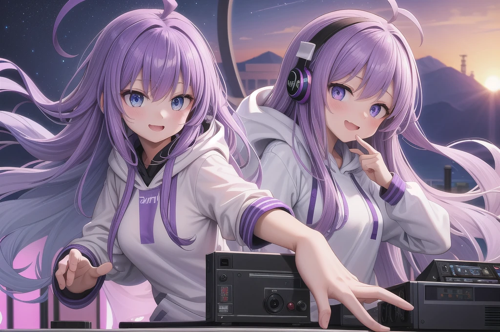 One girl, alone, 20-year-old, Blue Eyes, Purple Hair, Long, beautiful wavy hair, Ahoge, nice smile, White hoodie, Spectacular views, D Cup, Godley, headphone, Detailed DJ equipment, djing, masterpiece, Uplifting, Fine Fingers, 最high quality:1.4, high quality, detailed