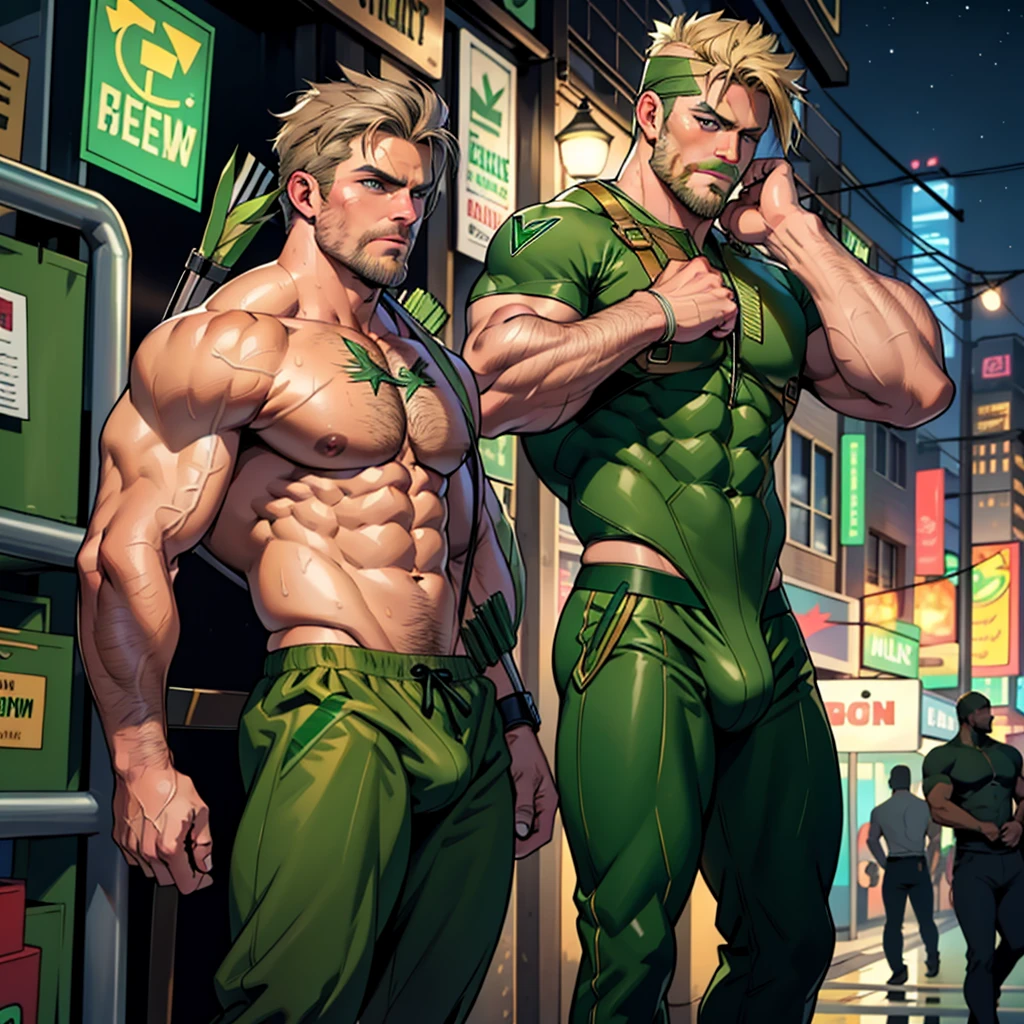 masterpiece, best quality, detailed face, detailed hands , detailed body parts , natural eyes, 1man, macho man,hunk and handsome , lean yet muscular and mature, stephen amell in mid forties as ((green arrow)) wearing totally dark green pants, , showing bulge and sweating, tight cloth showing his muscles and bulge , full body , background city at night , horny