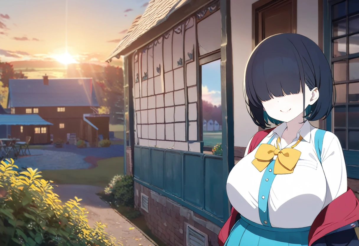 1girl, , turquoise vest, collared shirt, yellow bowtie, open jacket, blue skirt, black-framed eyewear, pleated skirt, black hair, turquoise bangs, very short hair, hair over eyes, pale skin, medium breasts, turquoise eye, smile, country house, big belly, overweight, dawn, (masterpiece), best quality, anime style, full body