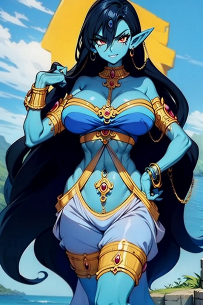 (Masterpiece, best quality, official art, 8K), ultra-detailed, a cartoon image of a Sky Blue Skinned female Djinn with blue hair and a chain around her neck, Human Hybrid Djinn, ((((sky blue skin)))), skin genie girl sky blue, ((perfectly detailed hands and fingers)), alone, Krenz Cushart and Artgerm, aesthetics!!!!!!, female genius, she is huge, beautiful girl genius, artgerm comics, colorful artgerm!!!, artgerm style, in the artgerm style, artgerm style, Asian Water Elemental Woman, Goddess Inanna, The Greek goddess Afrotita, aesthetic!!!!!!, (1 Female Genie Djinn), (Big Breasts), Beautiful Genie, Evil Goddess, Djinn Character, Detailed Body, mega detailed sensual body, perfect goddess body, Cuffs with Hanging Chains, Colorful Concept Art, Spiritual Fantasy Concept Art, female genie, ((blue hair)), Sky blue skin, Djinn girl, (Sky Blue Skinned Elf-Djinn).