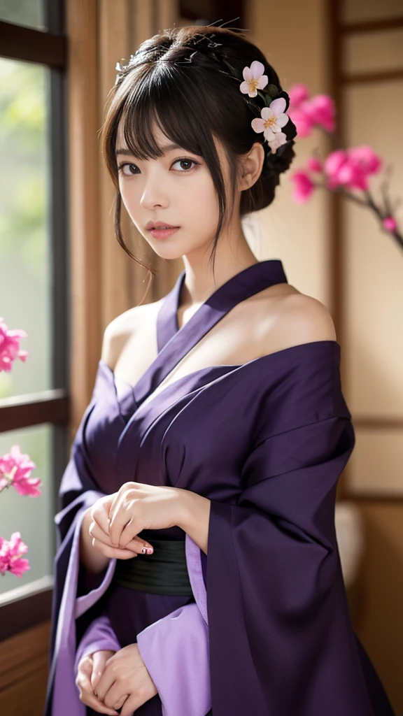 Anime girl in a purple and black dress with a purple sakura flower in her hair, artwork in the style of Gweitz, Gweitz, japanese Girl, Trending on cgstation, Cute anime in a nice dress, Gweitz on pixiv artstation, palace , Girl in Hanfu, Beautiful digital art, Gweitz on artstation pixiv