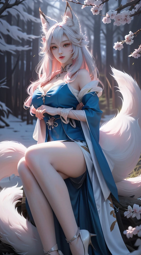 Fox-eared white-haired girl，Full body female love，Drawing of a white fox sitting on a branch，Ethereal Fox，Nine-tailed Fox，fox three-tailed fox，Onmyoji detailed art，Nine Tails，A beautiful artistic illustration，Mythological Creatures，red fox，(Fighting Stance)，Beautiful digital artwork，Beautiful digital illustrations izutsune , Inspired by the mythical creature Wildnet，Digital Art on pixiv，glare，High contrast，horror theme，Dark atmosphere