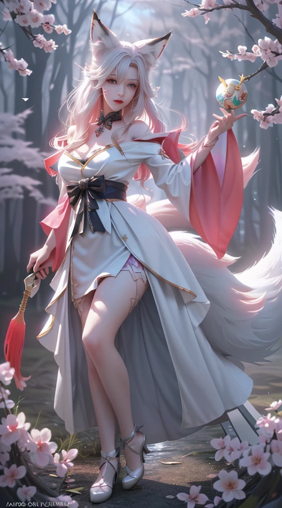 Fox-eared white-haired girl，Full body female love，Drawing of a white fox sitting on a branch，Ethereal Fox，Nine-tailed Fox，fox three-tailed fox，Onmyoji detailed art，Nine Tails，A beautiful artistic illustration，Mythological Creatures，red fox，(Fighting Stance)，Beautiful digital artwork，Beautiful digital illustrations izutsune , Inspired by the mythical creature Wildnet，Digital Art on pixiv，glare，High contrast，horror theme，Dark atmosphere