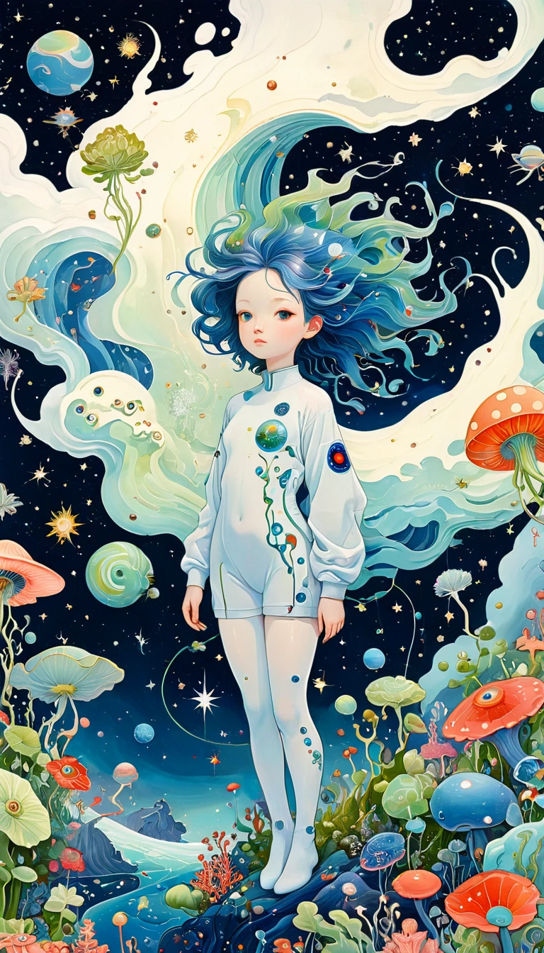 (((James Jean styles：1.5)))，microorganism、plant、Marine life、Eye、Starry Sky，Stitching together an abstract painting，Describing the inner world of autistic people，Sense of space，White Space，interesting，Innocence，Psychedelic Art