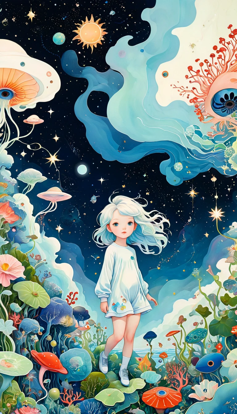 (((James Jean styles:1.5))),microorganism、plant、Marine life、Eye、Starry Sky,Stitching together an abstract painting,Describing the inner world of autistic people,Sense of space,White Space,interesting,Innocence,Psychedelic Art