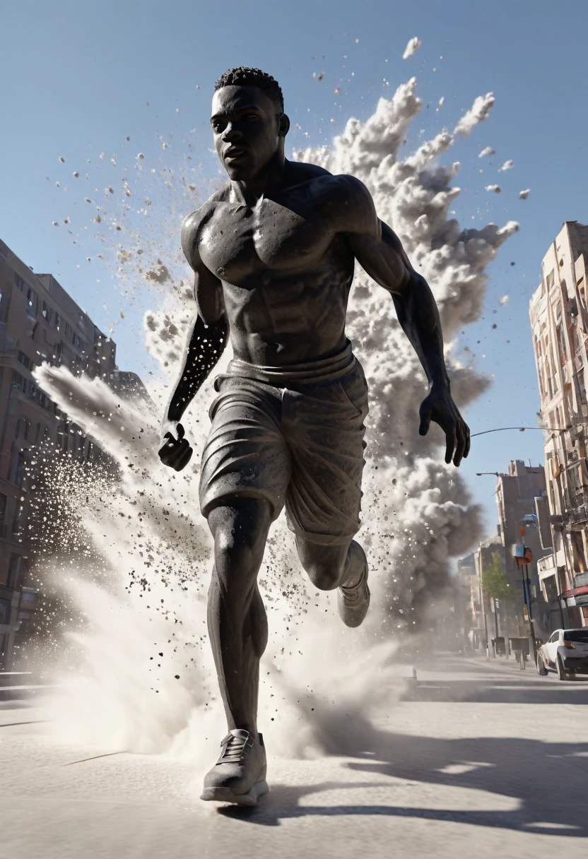 Full body shot of a black man sculpture running at a high speed, dust particles suspended in air surrounding the sculpture, art piece in the middle of the city, cinematic lighting, 32k, ultra HD, unreal engine rendered, hyper-realistic image,