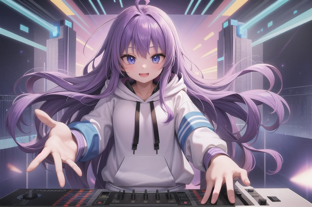 One girl, alone, 20-year-old, Blue Eyes, Purple Hair, Long, beautiful wavy hair, Ahoge, nice smile, White hoodie, Spectacular views, D Cup, Godley, headphone, Detailed DJ equipment, djing, masterpiece, Uplifting, Fine Fingers, 最high quality:1.4, high quality, detailed